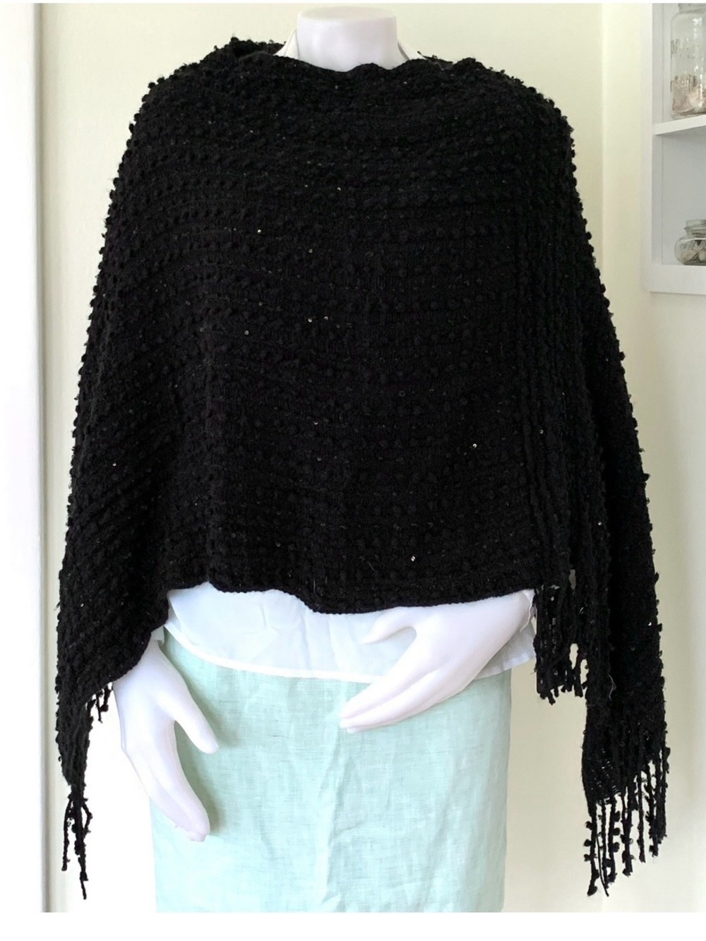black knit poncho with sequins and fringe special occasion party